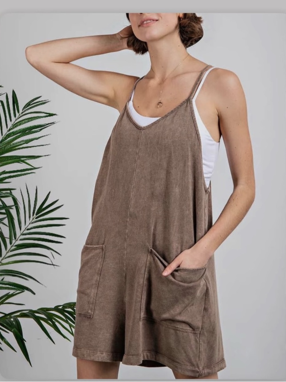 Washed Brown Sleeveless Pocket Romper